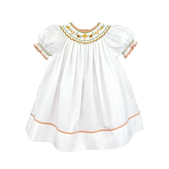 Petit Ami White Orange Harvest Smocked Bishop Dress Bloomer Set 9 Months - Picture 2 of 4